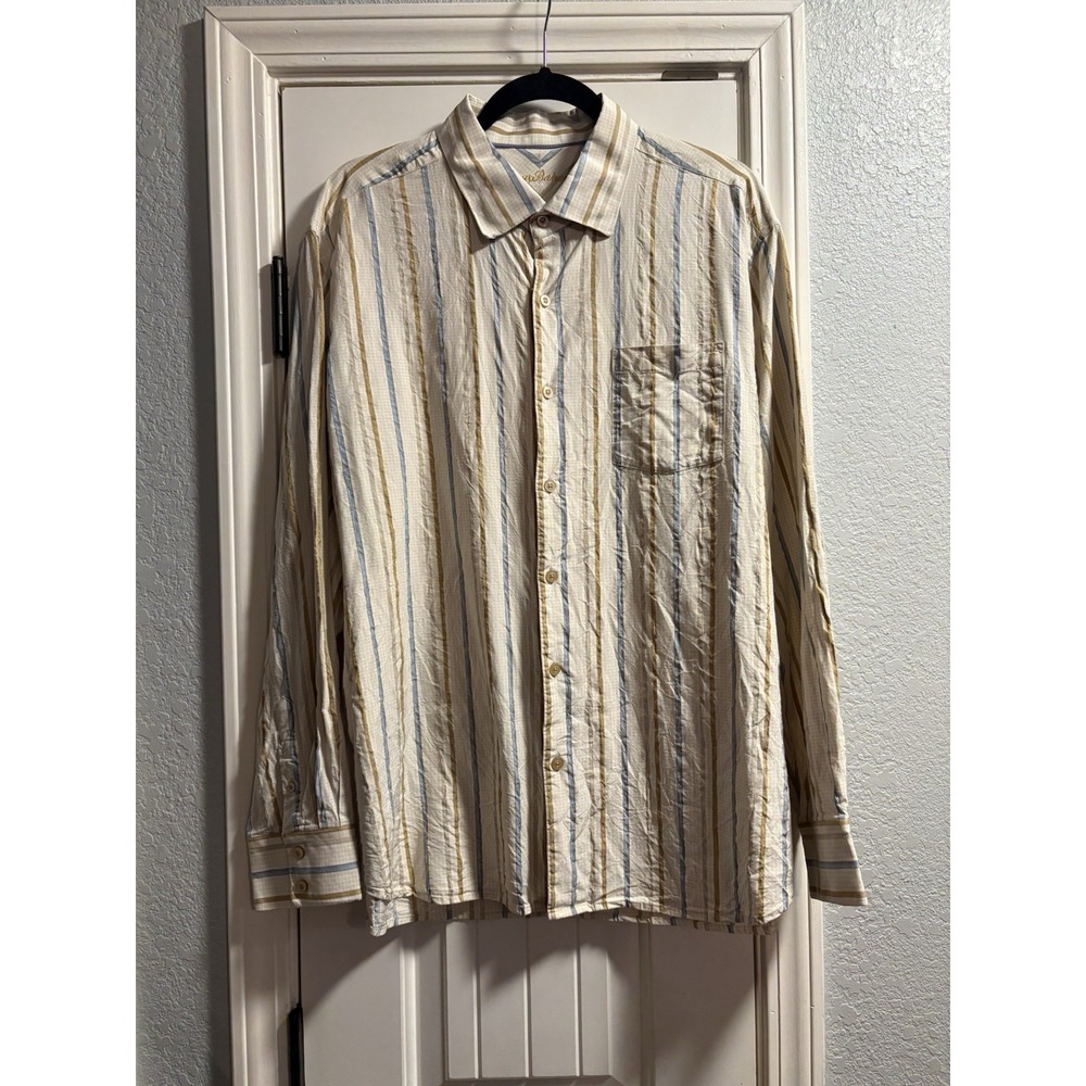 Tommy Bahama Silk Button Front Shirt Mens XL Tan Blue Striped Long Sleeve